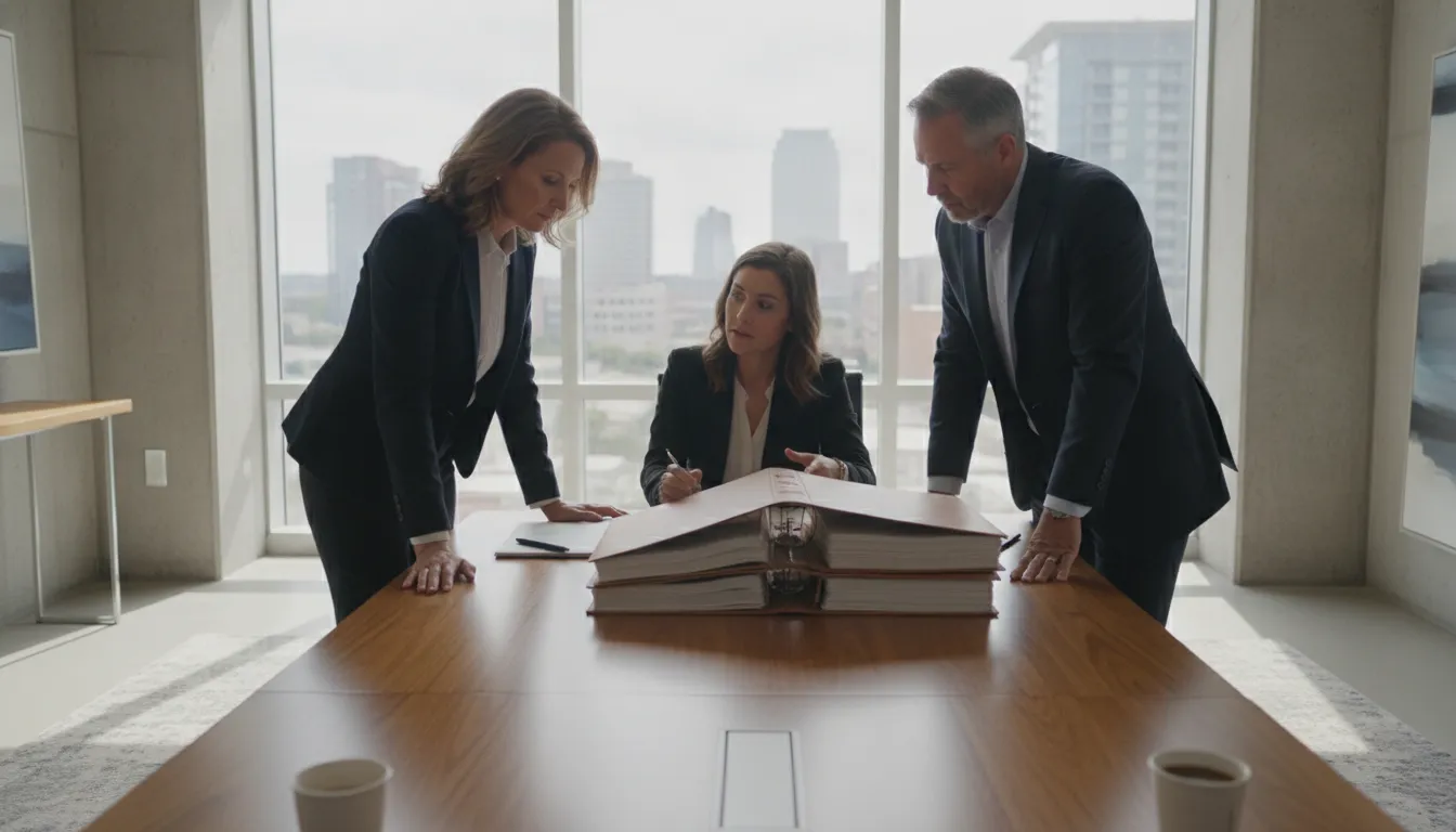 Texas business leaders reviewing corporate governance concerns with a business attorney