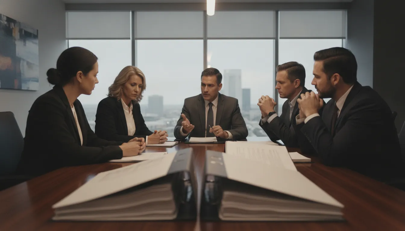 Texas business owners reviewing corporate governance records with an attorney