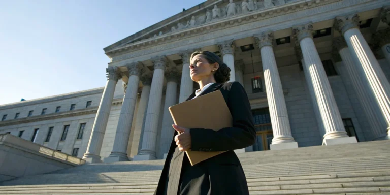 An attorney holding documents needed to file a bad faith insurance claim outside a courthouse.