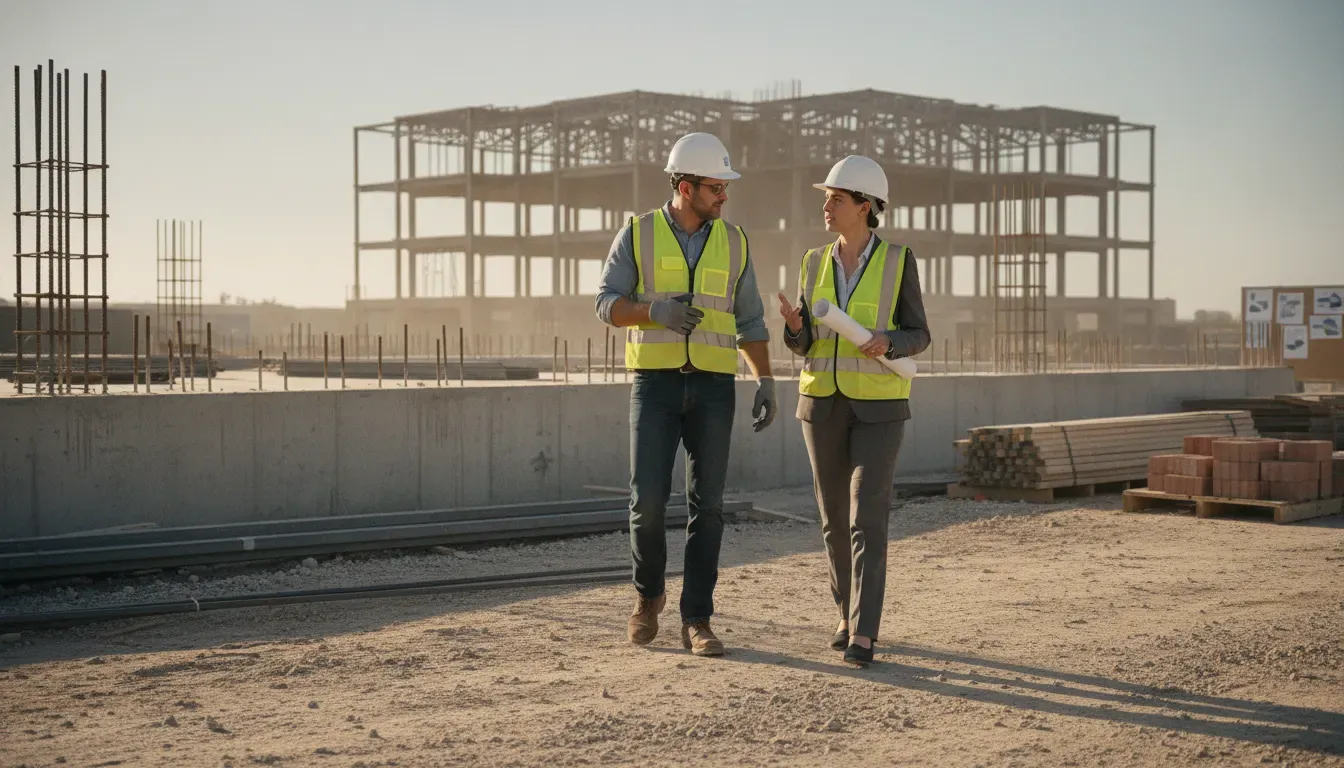 Construction project manager and attorney reviewing work progress at a Texas commercial building site