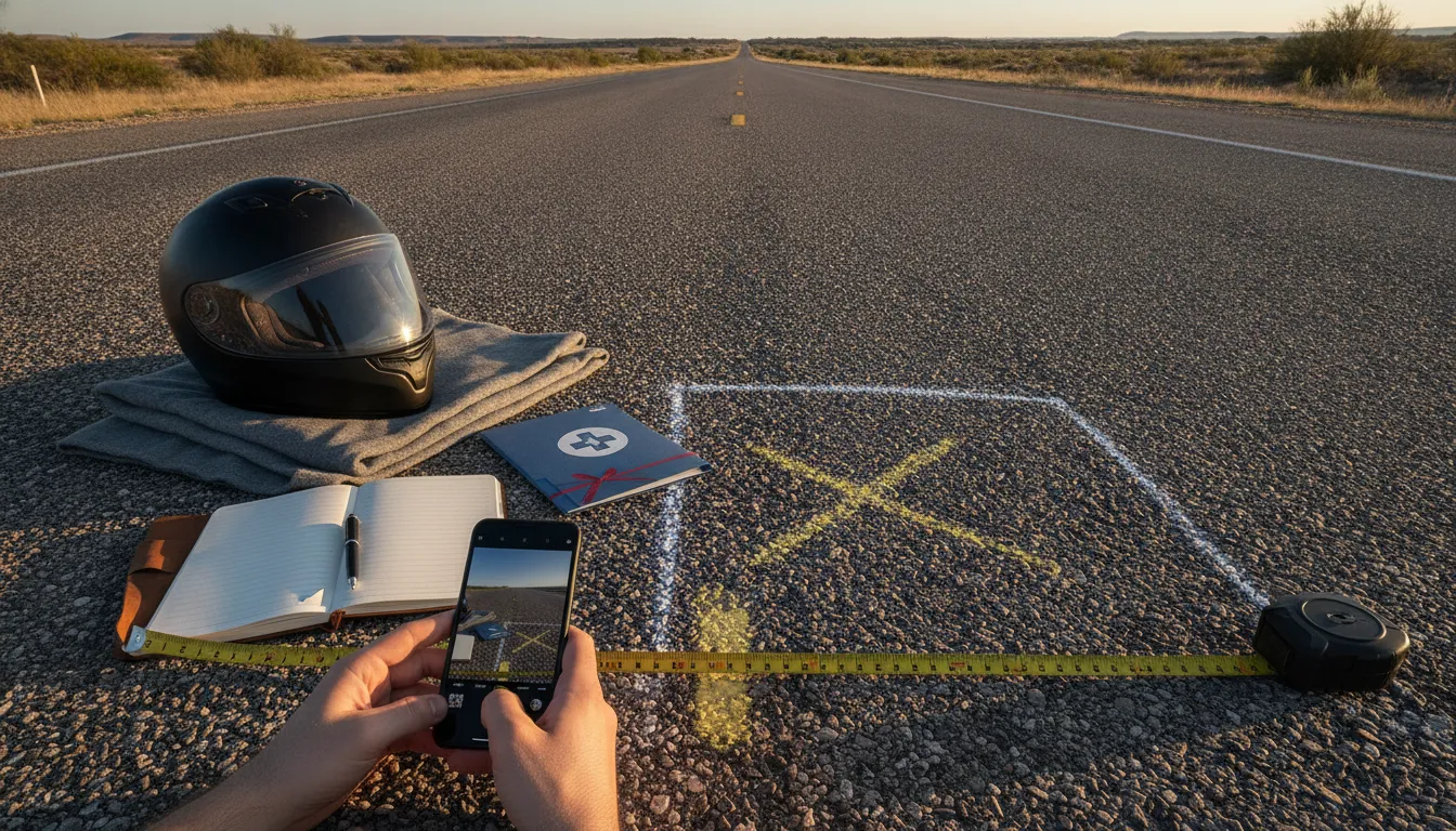Crash-scene evidence checklist showing a helmet, roadway measurements, photographs, and injury records