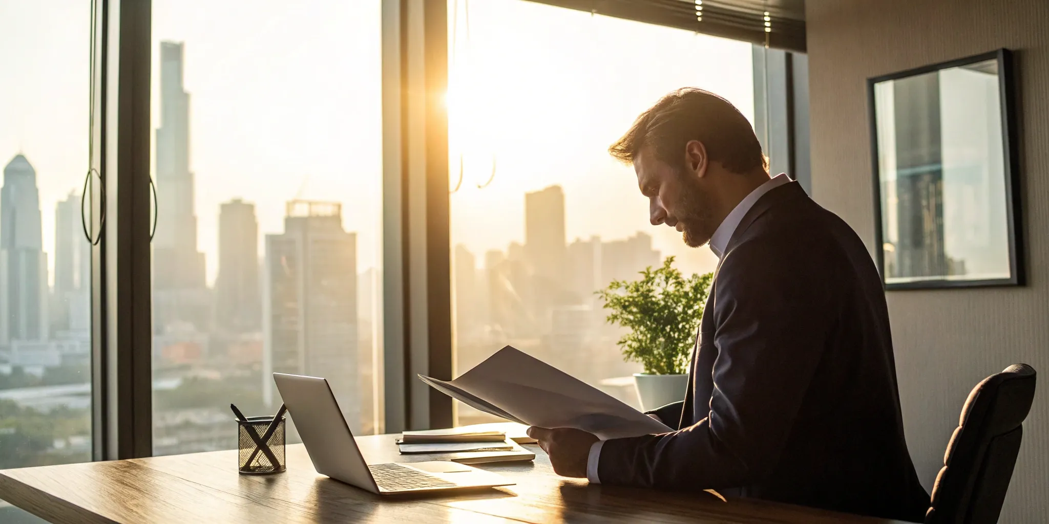 Business interruption insurance lawyer reviewing a client's policy documents at a desk.