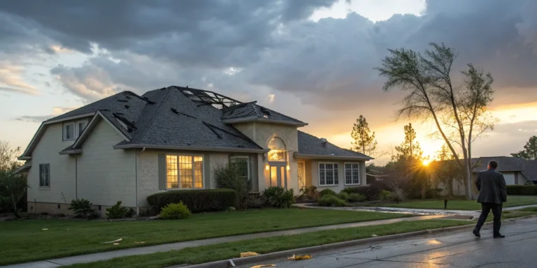 A residential property damage lawyer evaluating a damaged home for a claim.