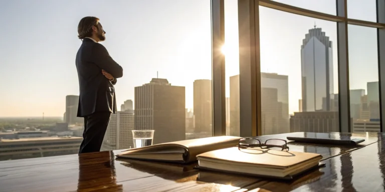 A commercial property insurance lawyer in a modern office overlooking a city skyline.