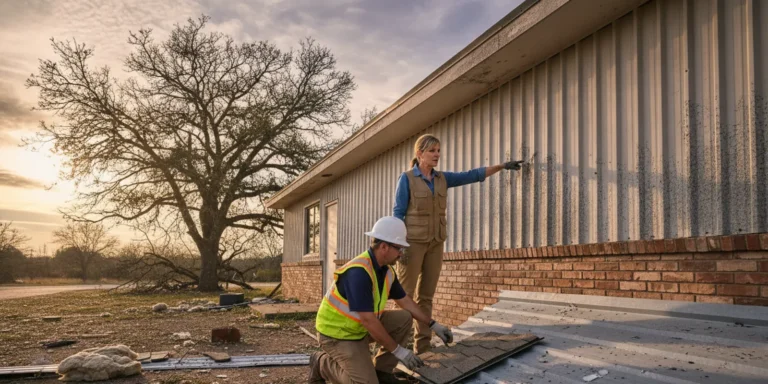 Commercial property owner reviewing storm damage with a building professional