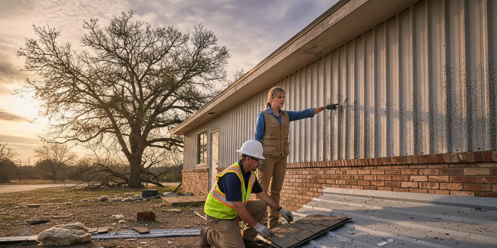 Commercial property owner reviewing storm damage with a building professional