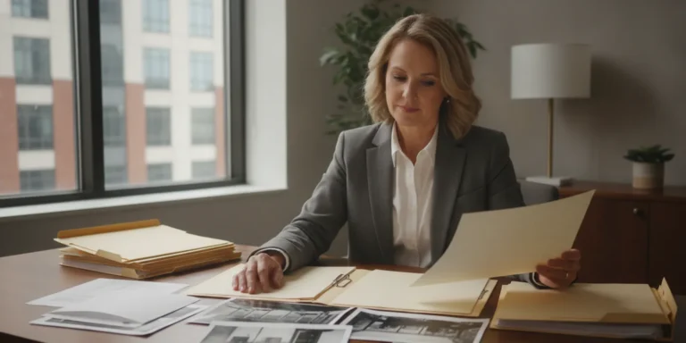 Commercial property owner reviewing insurance and repair records at a desk