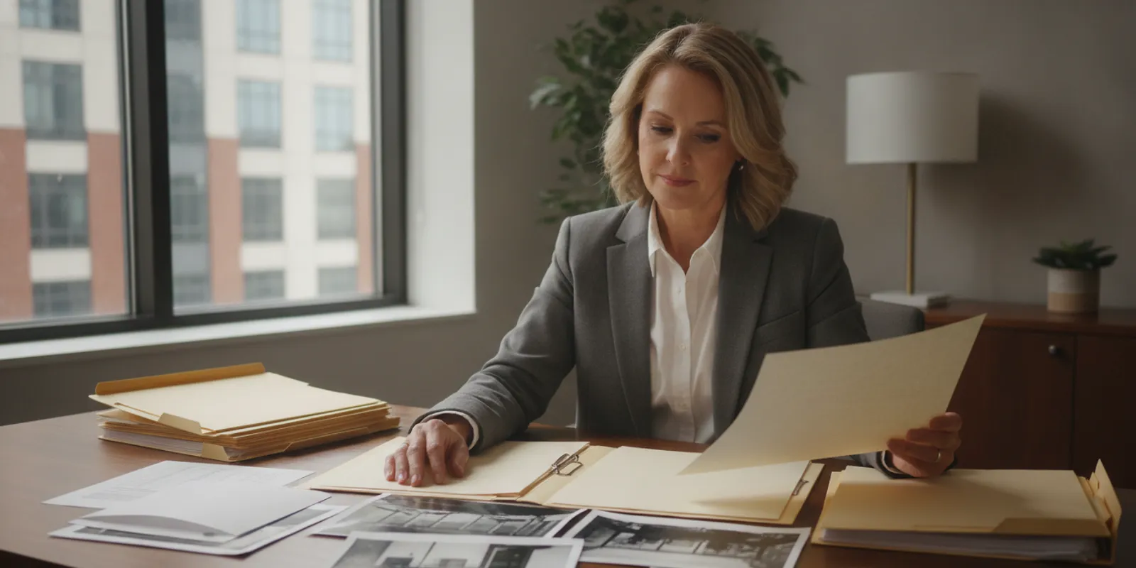 Commercial property owner reviewing insurance and repair records at a desk