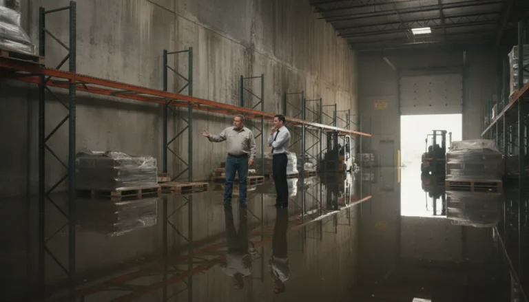 Texas commercial property owner inspecting flood damage with an attorney