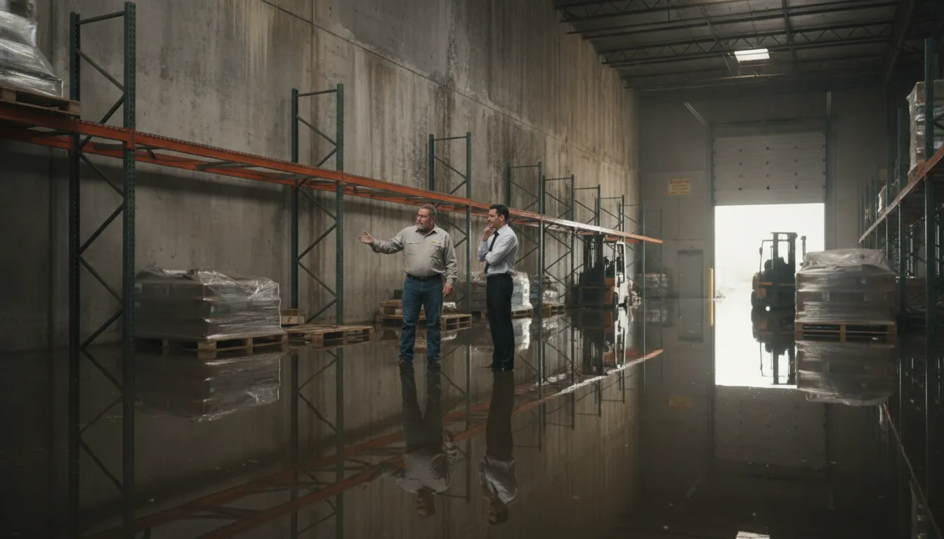 Texas commercial property owner inspecting flood damage with an attorney