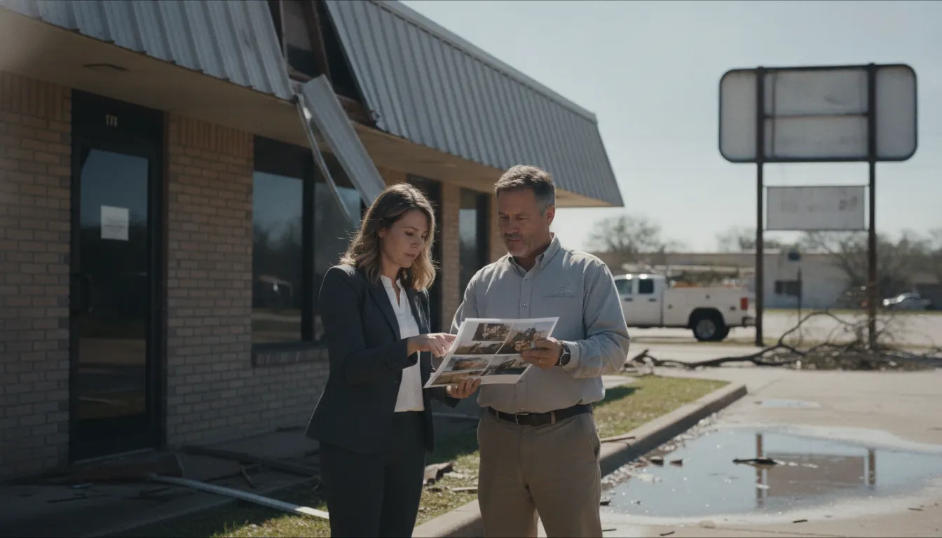 Commercial property owner reviewing damage records after a Texas insurance claim dispute