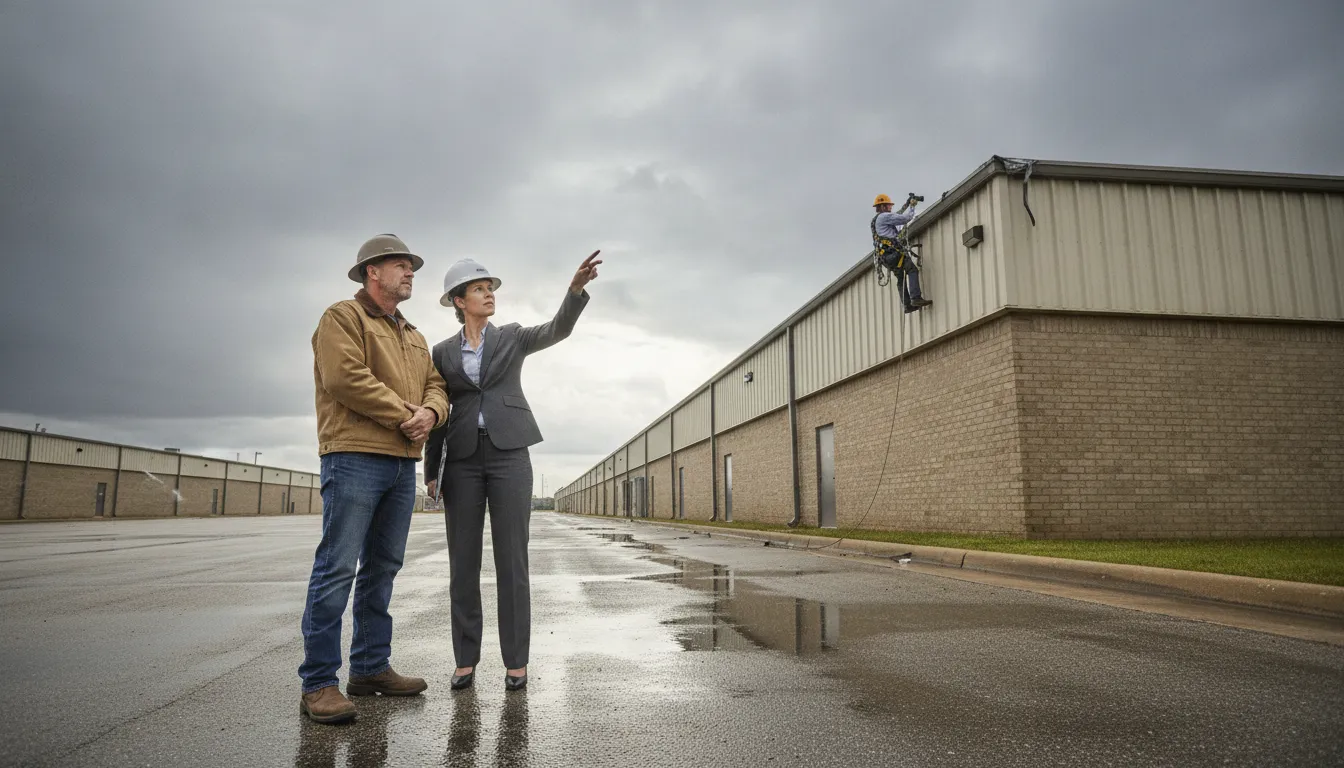 Texas commercial property owners reviewing storm-related roof damage