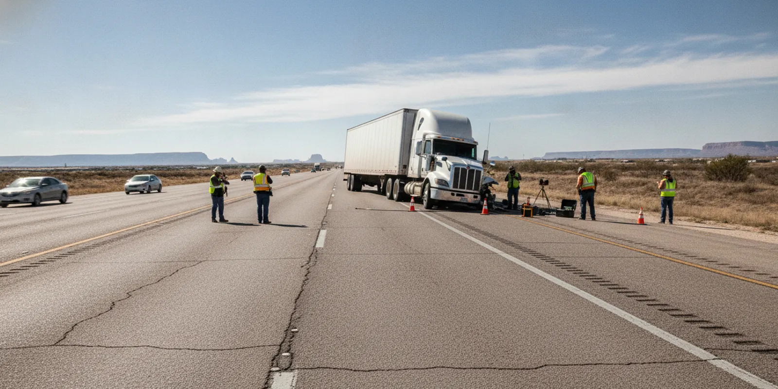 Damaged commercial truck at a roadside crash scene in Texas