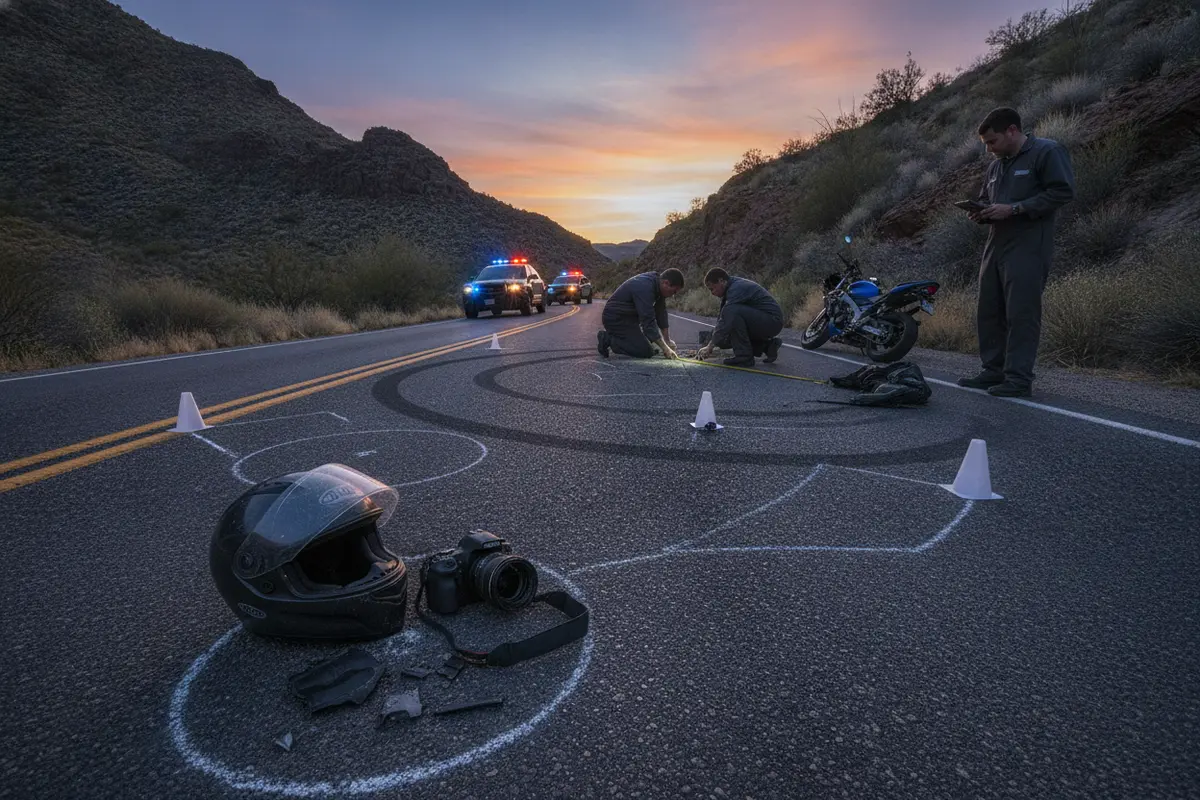 Photographs and notes documenting a motorcycle crash scene