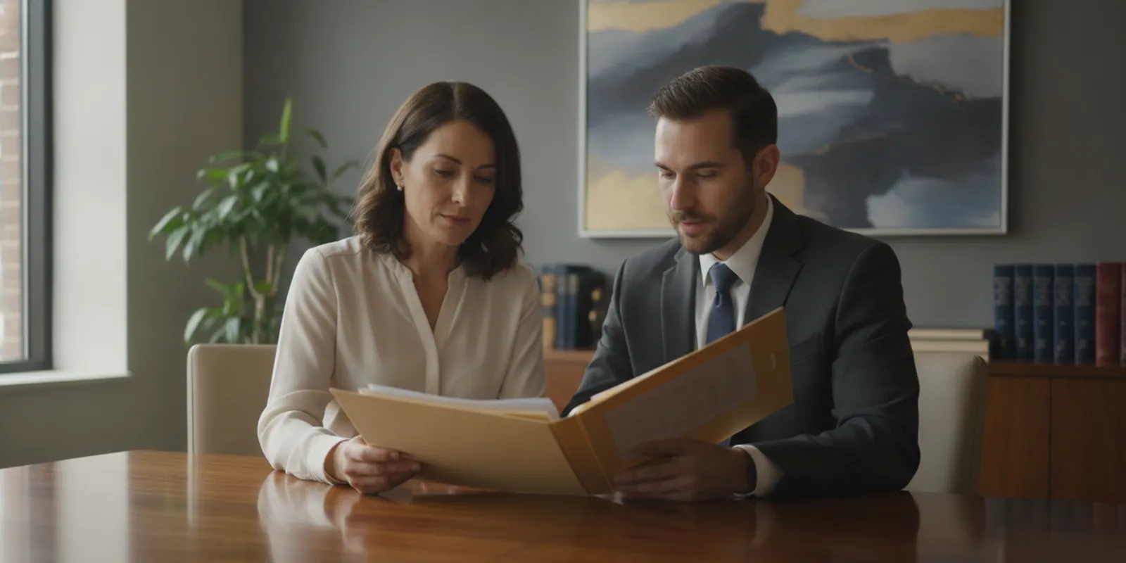 Personal injury attorney reviewing accident records with a client at a conference table