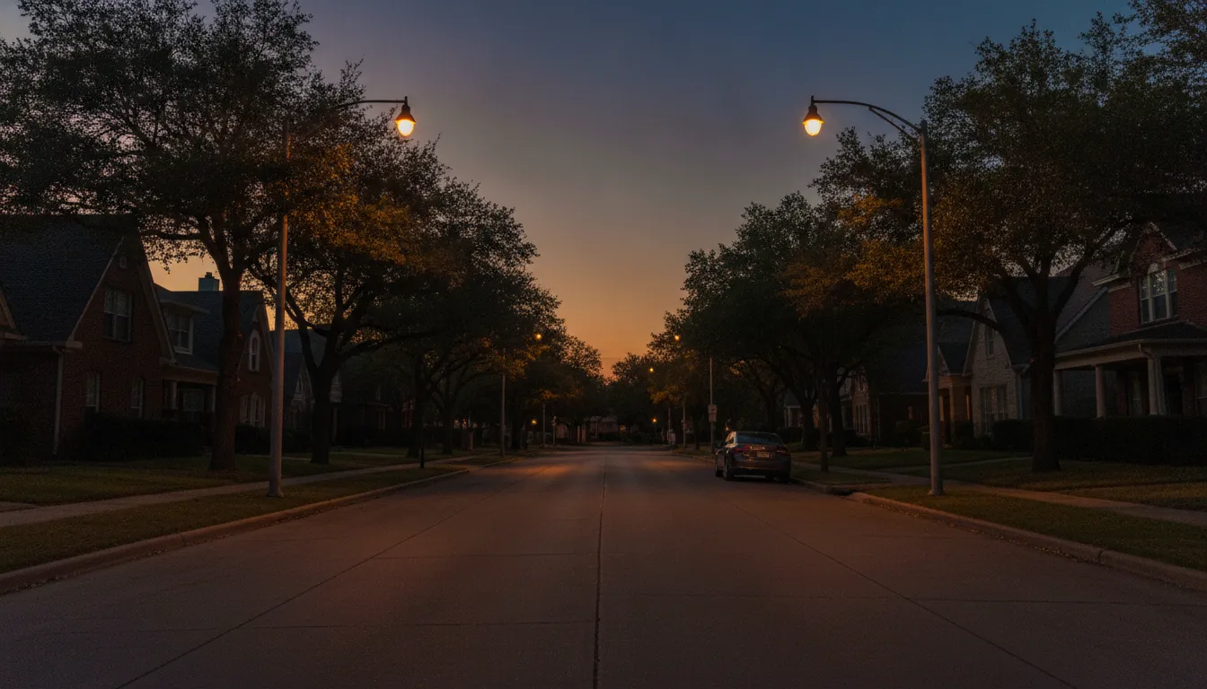 Quiet Fort Worth street at dusk with empty asphalt and distant streetlights after a vehicle has left
