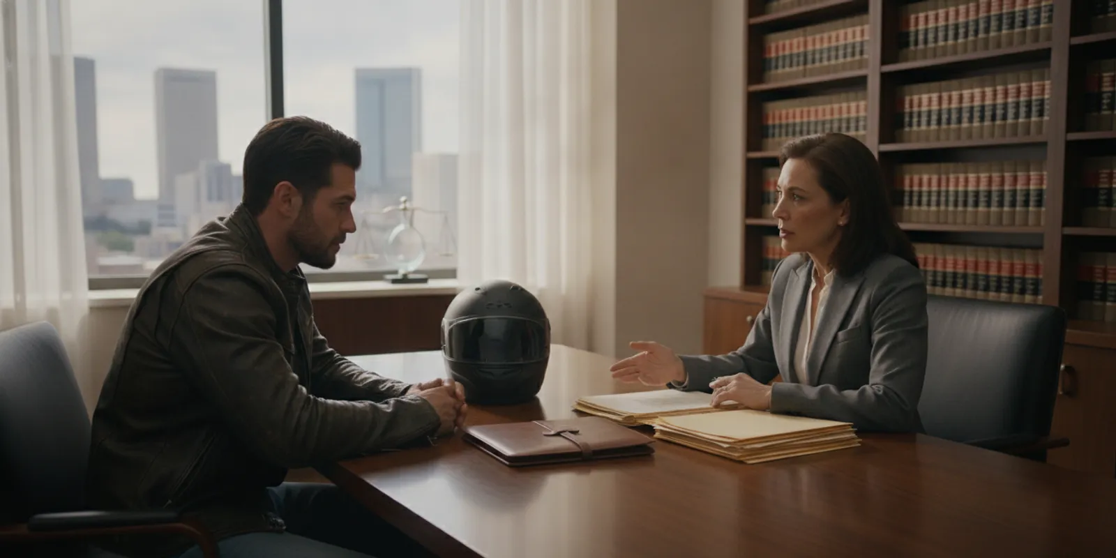 Motorcyclist and attorney reviewing an injury claim after a Fort Worth crash