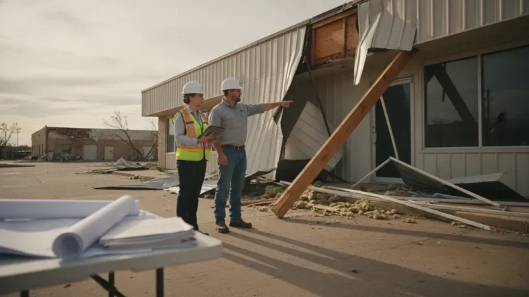 Texas property owner and building consultant inspecting storm damage for an ordinance or law coverage claim