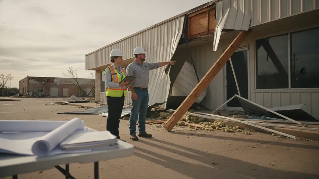 Texas property owner and building consultant inspecting storm damage for an ordinance or law coverage claim