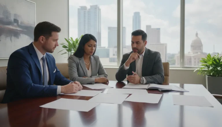 Texas business owners reviewing financial statements and a governing agreement with an attorney