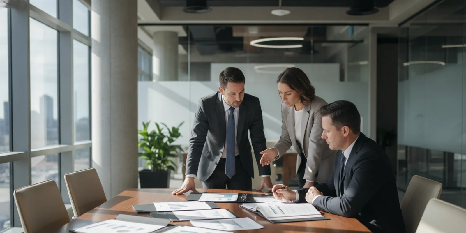 Business owners and legal counsel reviewing company records during a shareholder disagreement