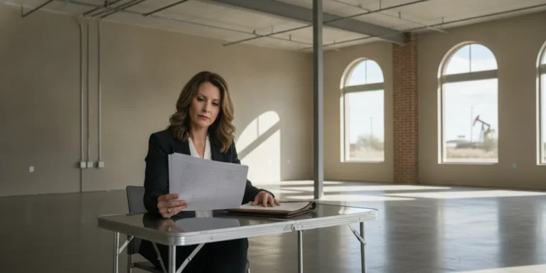 Owner reviewing documents inside a vacant commercial building