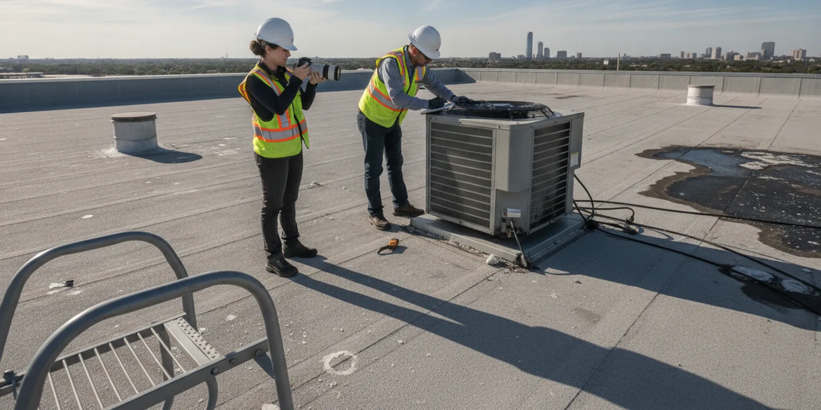 Commercial property manager documenting roof damage with an inspector