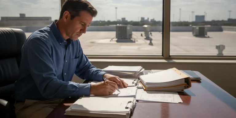 Commercial property owner reviews a denied insurance estimate and repair documents at a desk