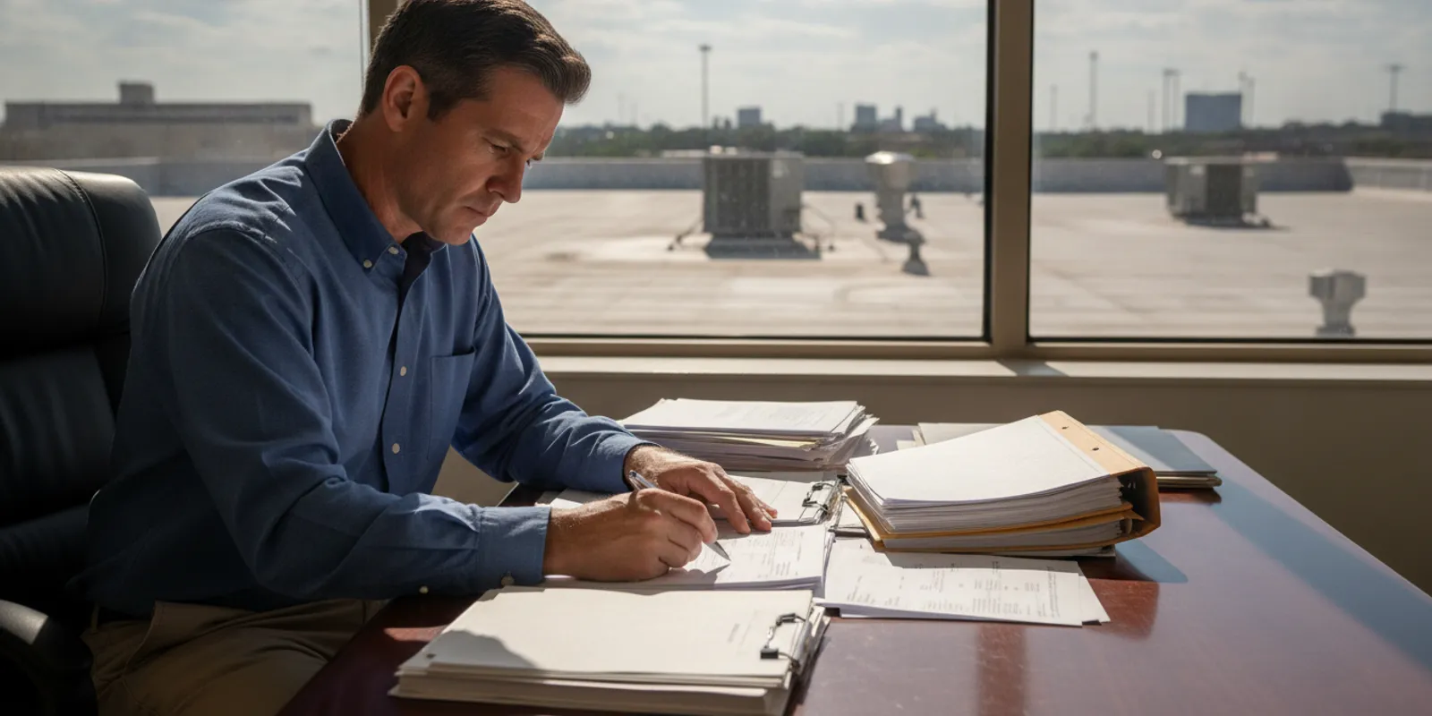Commercial property owner reviews a denied insurance estimate and repair documents at a desk