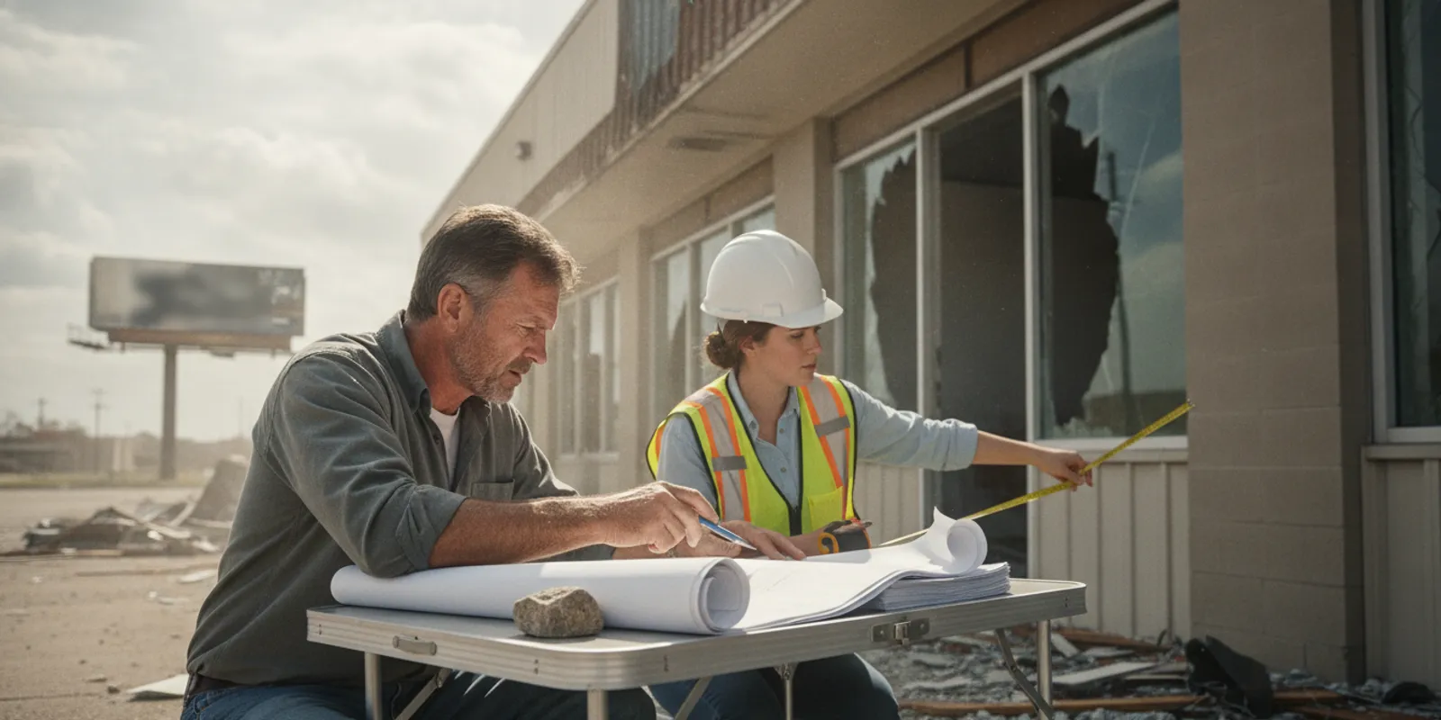 Commercial property owner reviewing repair plans and insurance documents after building damage