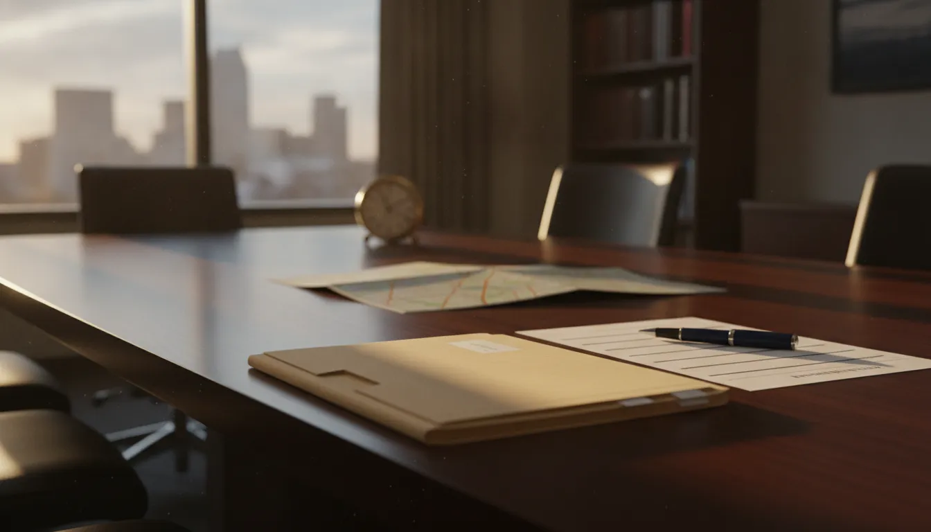 Case folder, blank evidence timeline, and a folded north Texas map on a conference table